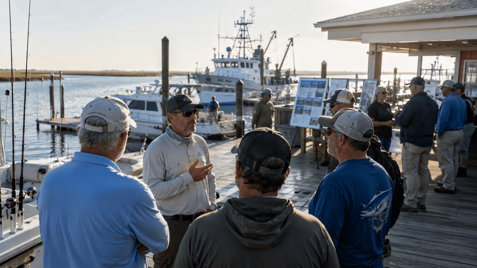 Recreational anglers and policymakers discussing fisheries legislation and public fishing access