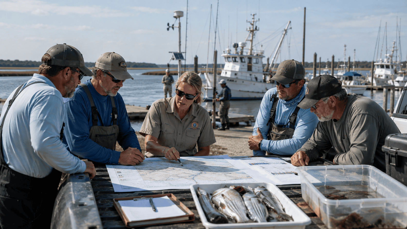Fisheries managers and recreational anglers discussing adaptive fisheries management strategies