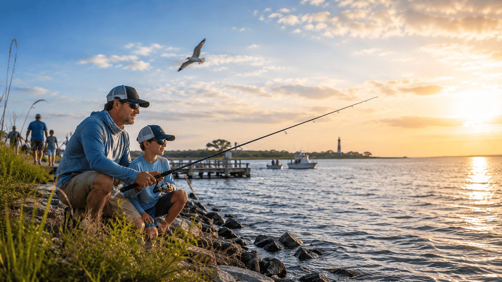 Recreational anglers gathering at a community fishing event along the coast
