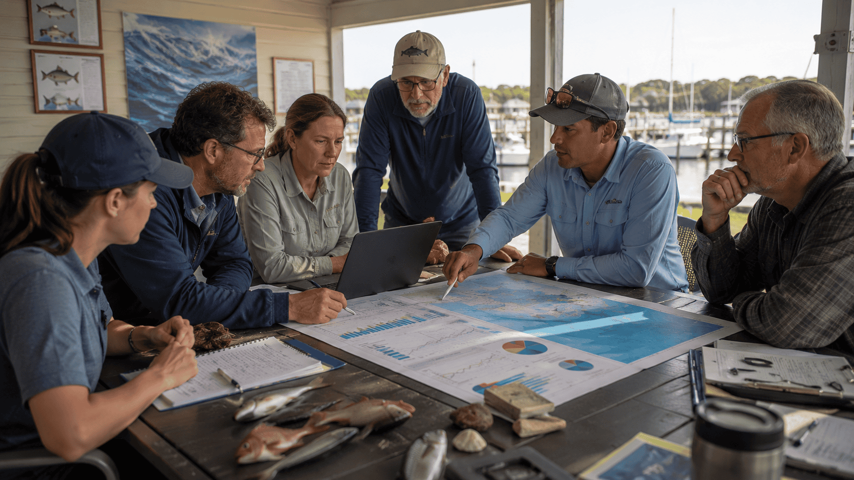 Fisheries scientists and managers reviewing fishery management policies
