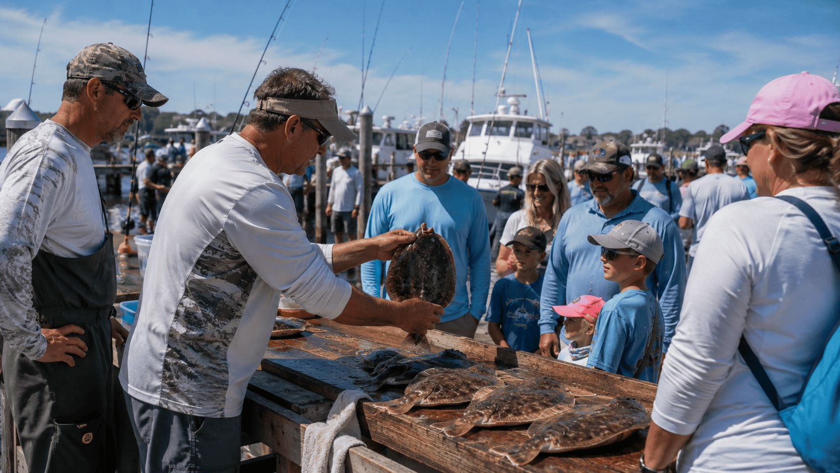 Anglers participating in a summer flounder fishing tournament at Bass River in New Jersey