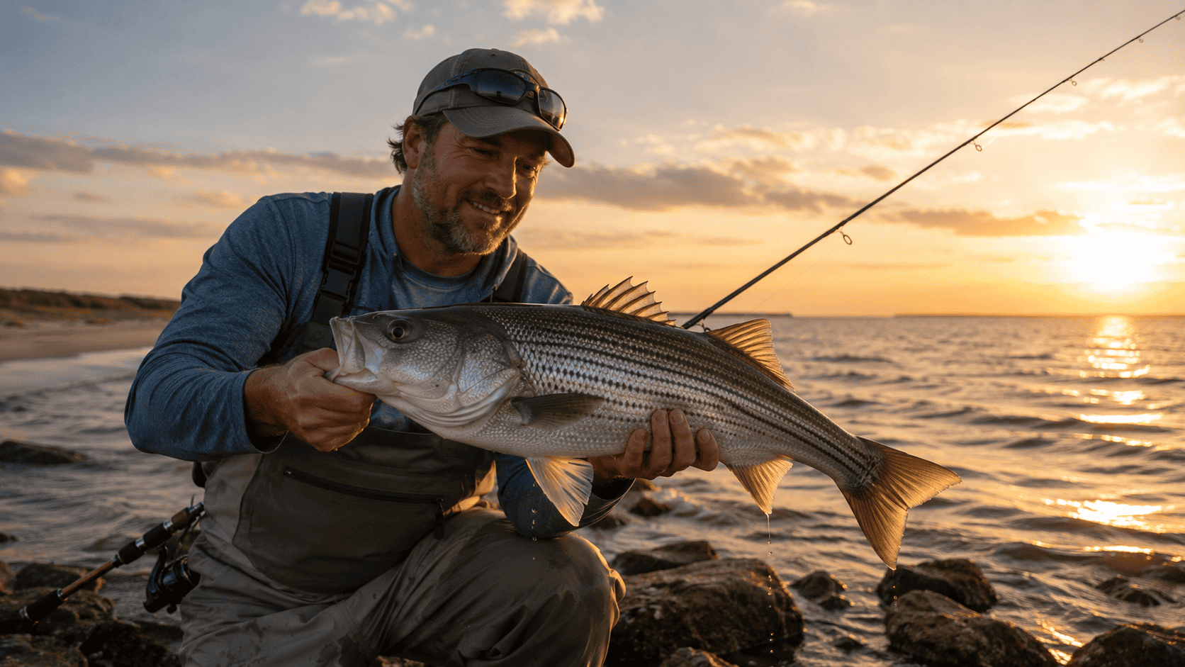 Recreational angler holding striped bass along a coastal shoreline